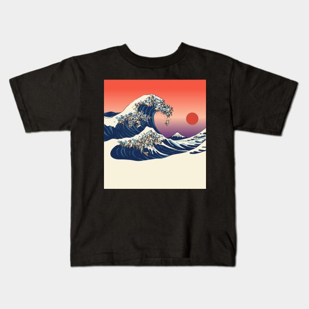 The Great wave of Pugs Kids T-Shirt by huebucket